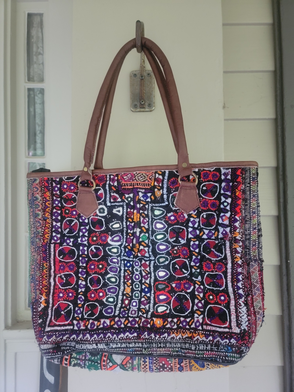 Embroidered Artisan Banjara Zari Boho Textile Leather Tote Shoulder Bag